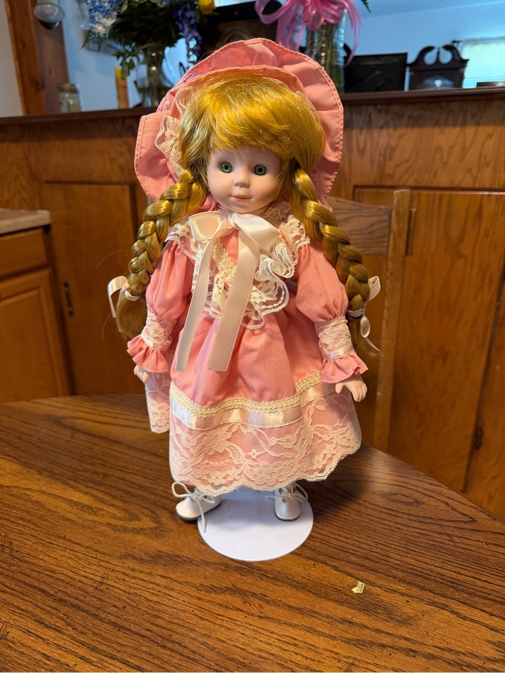 Pink Lace Porcelain Doll in Victorian-Style Dress